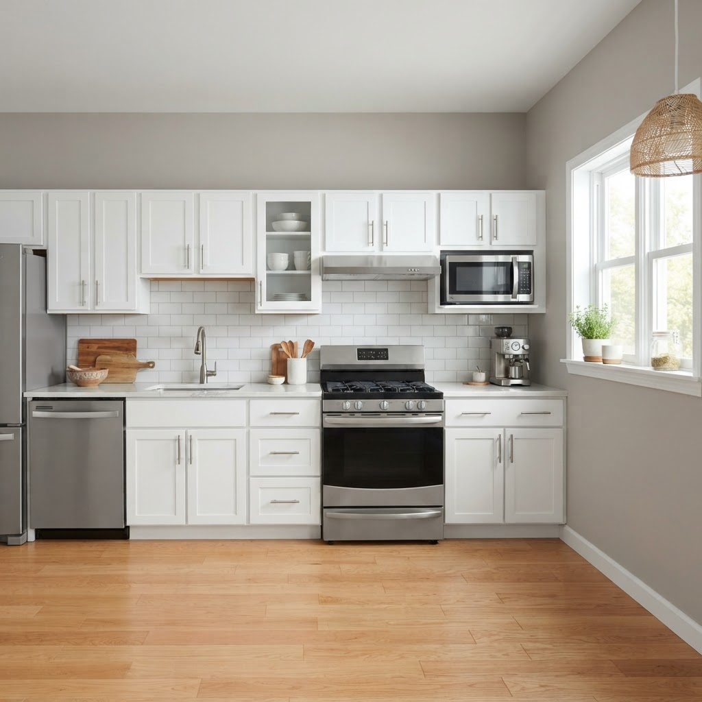 Same kitchen cabinets refinished in crisp bright white
