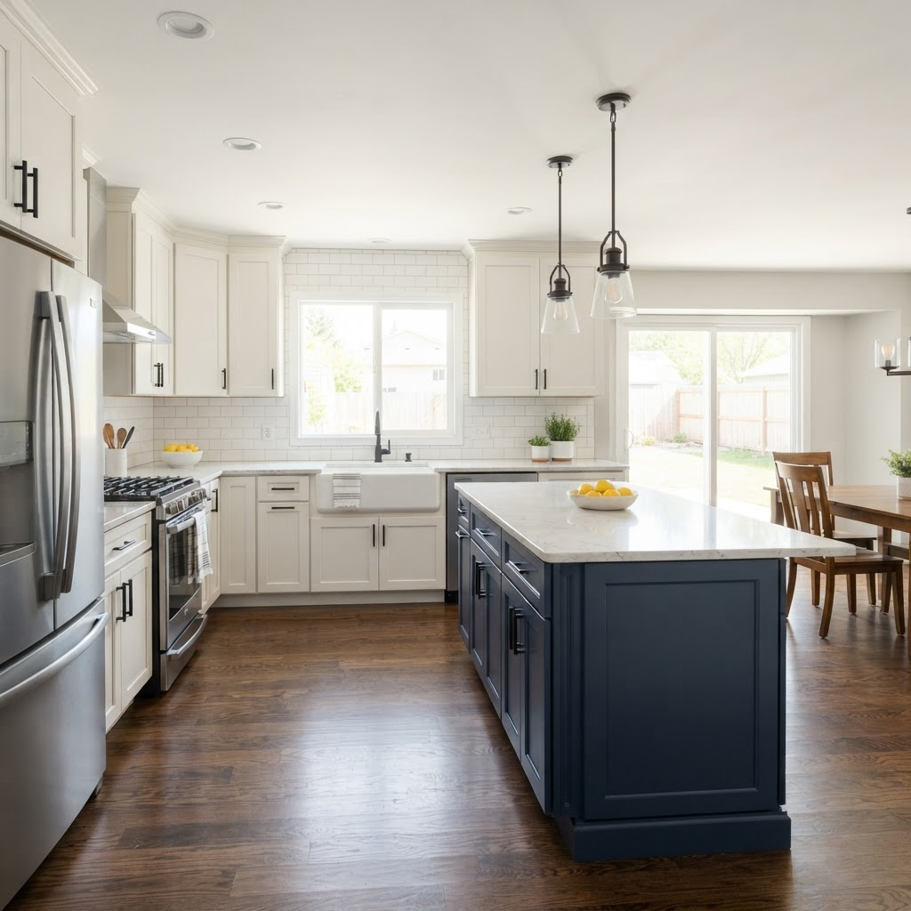 Same kitchen with white cabinets and a navy blue island