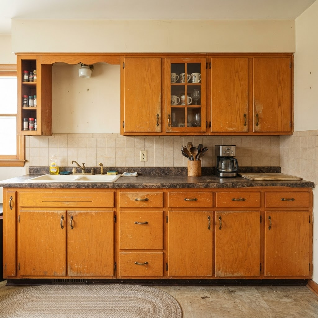 Worn honey-oak kitchen cabinets before refinishing