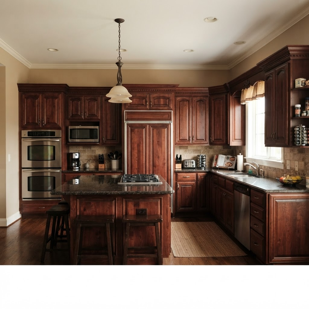 Dark dated cherry wood kitchen cabinets before refinishing