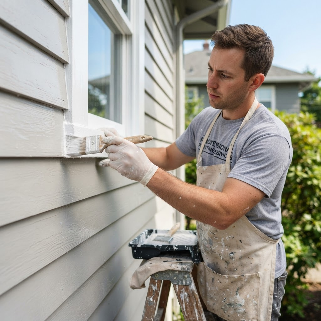 Painter brushing fresh paint onto exterior siding and trim