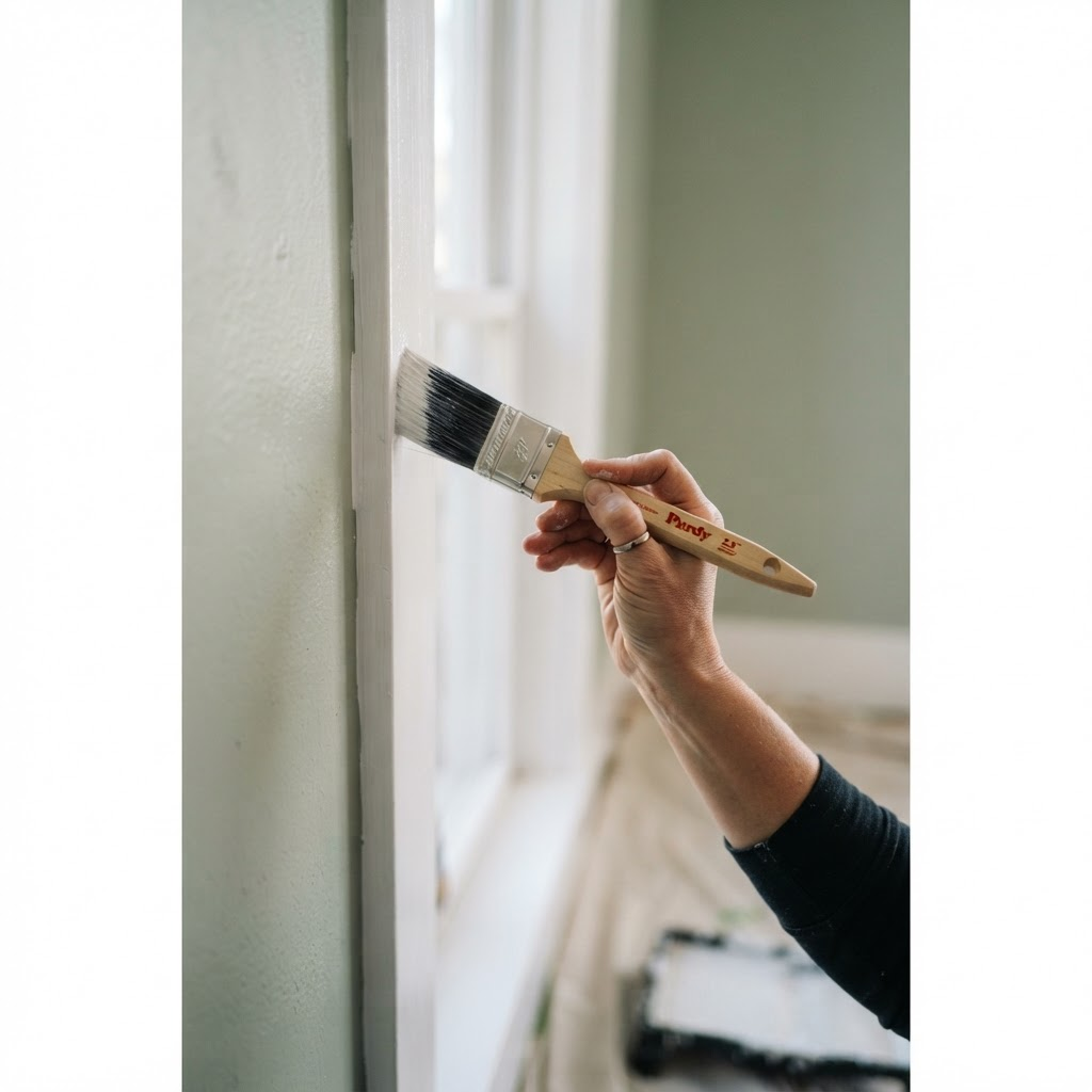 Painter cutting in a crisp paint line with a brush on interior trim