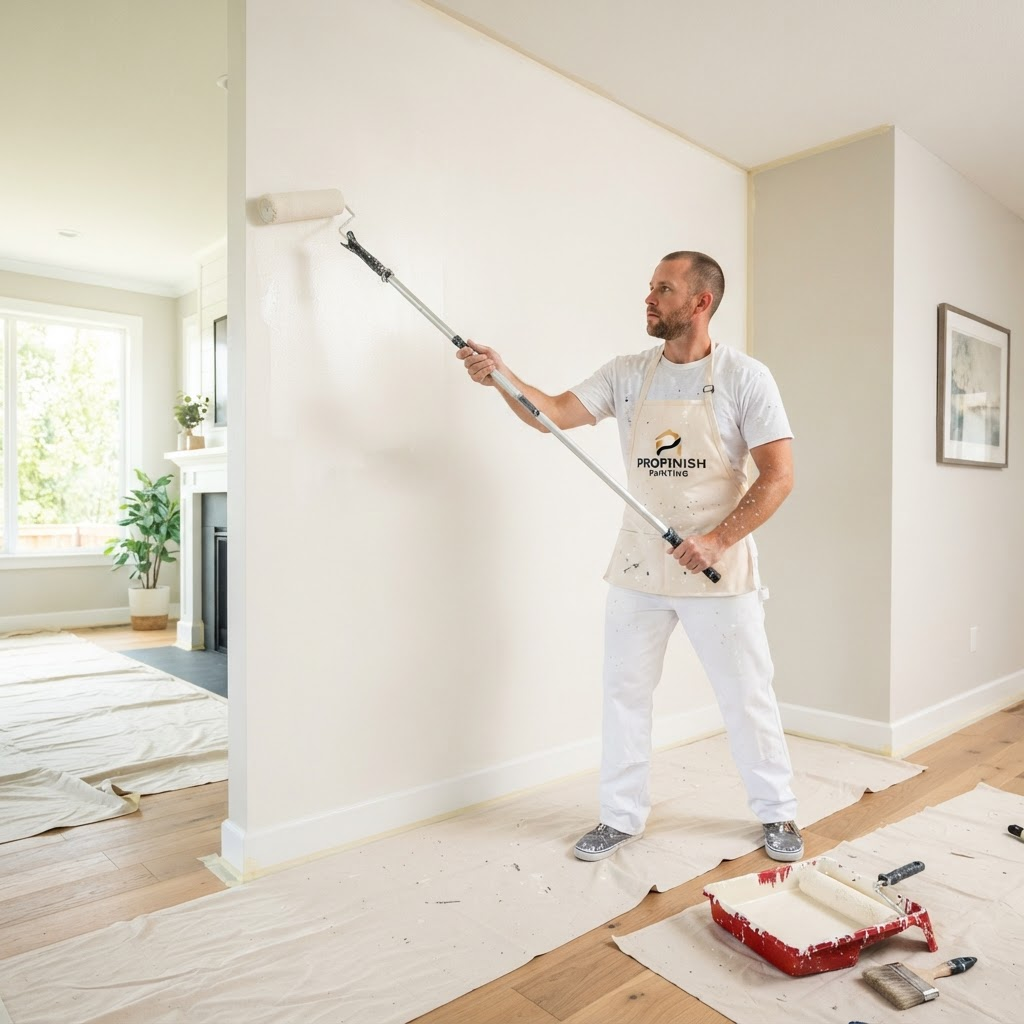 Professional painter rolling fresh paint on an interior living room wall in Omaha