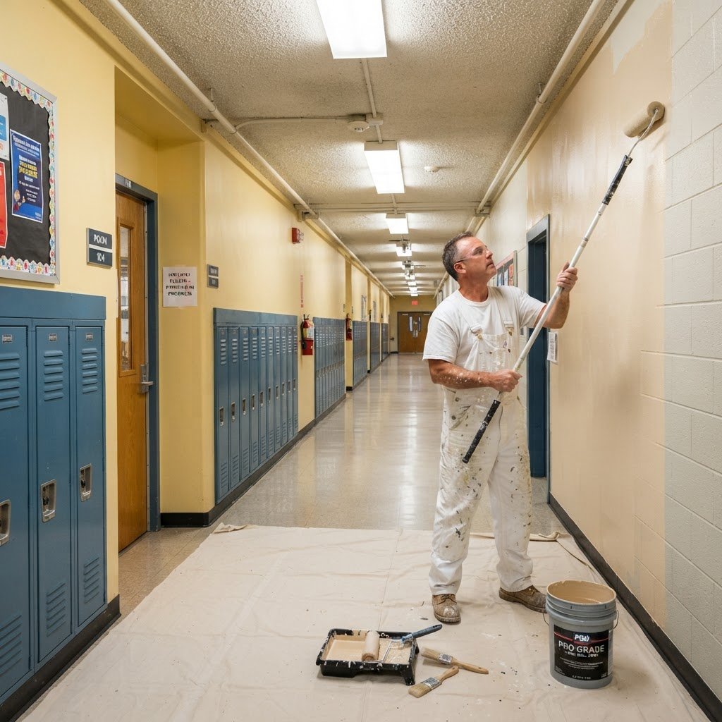 Commercial painter rolling fresh paint in a school hallway
