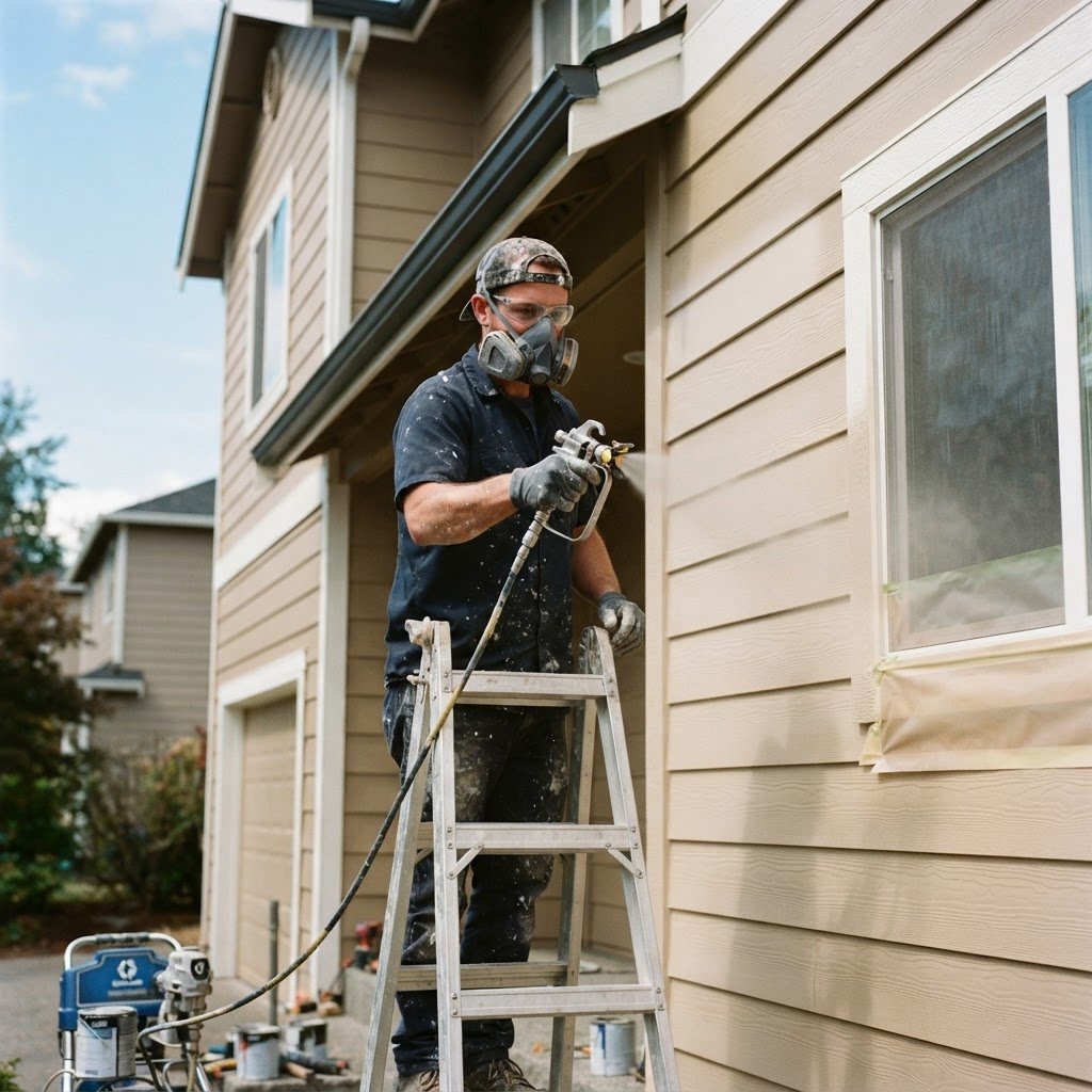 Painter spray-painting exterior lap siding